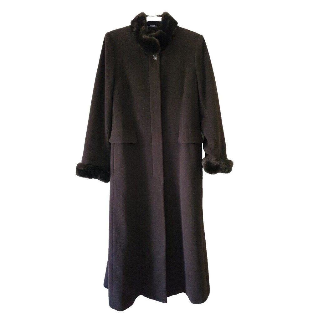 Albert Nipon Dark Trench Coat with Fur Accents